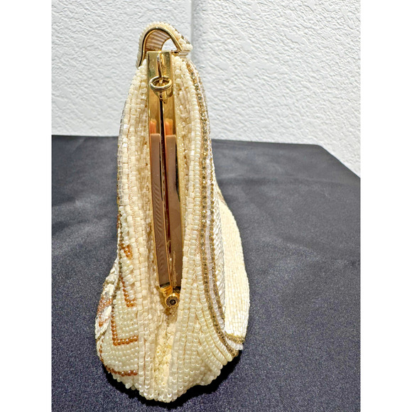 Vintage Art Deco Glass Beaded Purse Evening Clutch 1950s Delill Gold Frame Cream - Picture 6 of 12